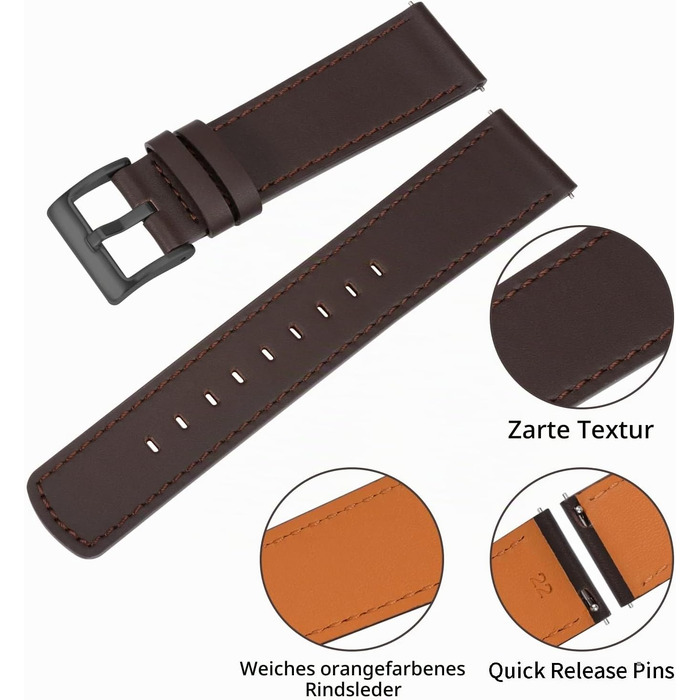 Шкіряний ремінець для годинника TStrap Soft Leather — чорний, зі швидким випуском (Quick Release), універсальний спортивний браслет для смарт-годинників (чоловічий/жіночий), 20мм, застібка-пряжка