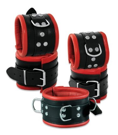 Набір для фіксації Bondage з широкими ремінцями 8 см, шкіра, з м'якою підкладкою (ручні та ножні кайдани + нашийник), червоно-чорний колір, преміум-якість
