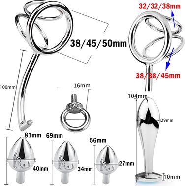 Анальний гачок ScreaAss з кільцем для пеніса, кільцем для яєчок та 4 анальними пробірками, набором для BDSM, металевий, срібний, 50 мм