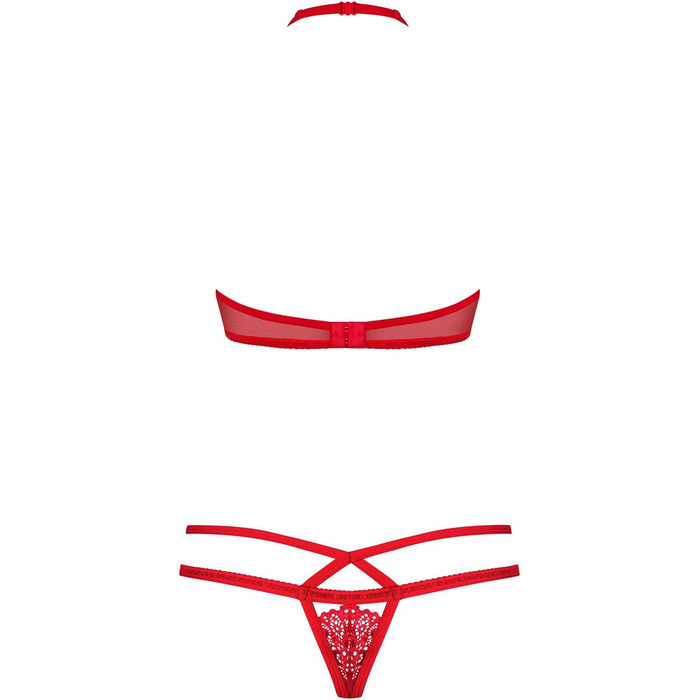 Obsessive: Комплект спідньої білизни Obsessive (Стрінг та бюстгальтер без бретелів) з глибоким вирізом, червоний, мереживний, прозорий, з бантиками, розмір S/M