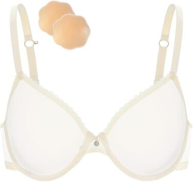 Жіночий бюстгальтер Wingslove з кісточками, мереживний, прозорий, без пуш-апу, з силіконовими накладками на соски (80B, слонова кістка)