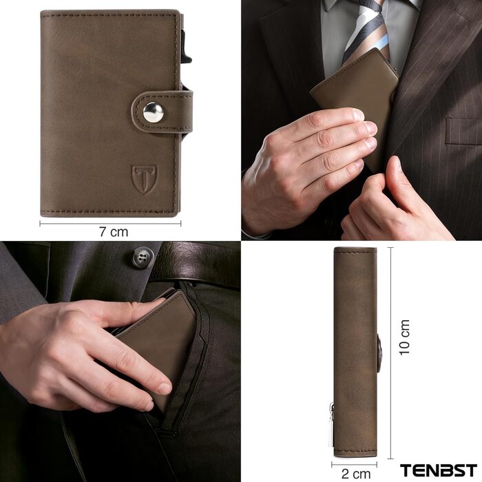 Тонкий чоловічий гаманець TENBST з RFID захистом та монетницею, преміум шкіряний картхолдер на 10 карток, чорний та помаранчевий (Коричневий)