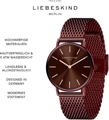 Жіночий годинник Liebeskind Berlin — круглий кварцовий, 34 мм, міланічний браслет, водонепроникність 5ATM, коричневий