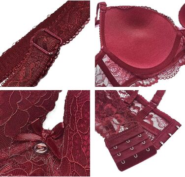 SHEKINI Комплект нижньої білизни: бюстгальтер та труси (сліп/танга) з мереживом, знімні бретелі, push-up, кісточки, червоний, 80B