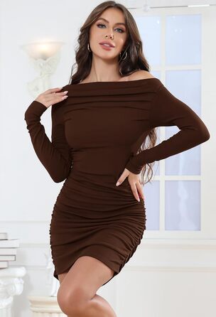 Жіноче облягаюче міні-плаття з довгим рукавом, трикотажне, на одне плече, з драпіруванням, для вечірок та клубів (темно-коричневе, L)