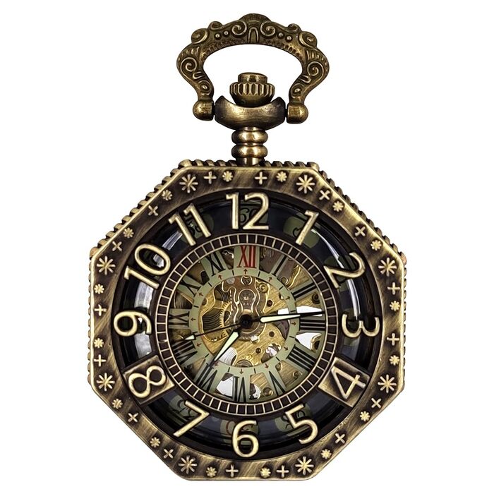 Чоловічий кишеньковий механічний годинник BOSHIYA Vintage Steampunk: скелетон, підсвічування, ручний завод, бронзовий колір (гексагональний корпус)