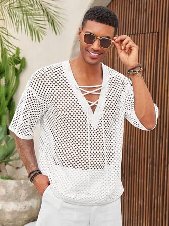 Чоловіча пляжна сорочка Runcati з шнурівкою, V-подібний виріз, в'язана, мереживна, прозора, літня сорочка (Білий/Розкішний сад, M)