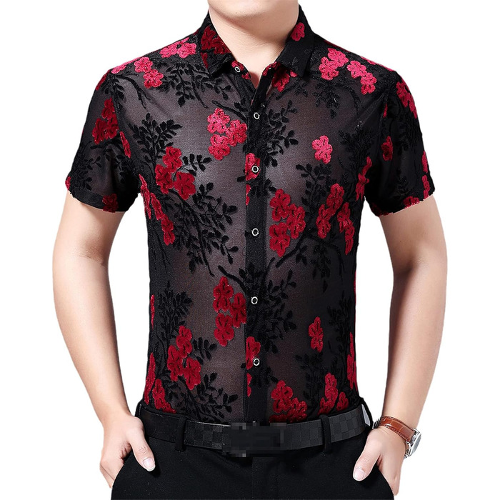 Чоловіча прозора сорочка з квітковим принтом, велюр, клубний стиль, червона (4XL)