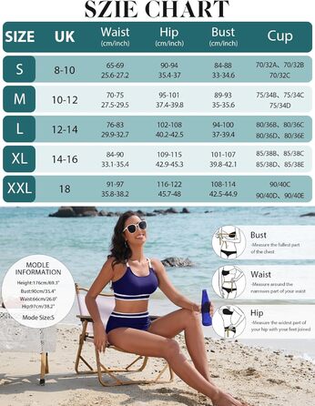 Бікіні Tuopuda з високою талією, спортивний двочастинний купальник, push-up, темно-синій (L)