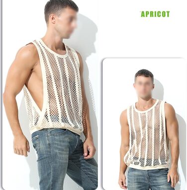 Чоловіча майка з сіткою, без рукавів, з принтом 'риба', сексуальний дизайн, прозора білизна (XL, Бежевий)