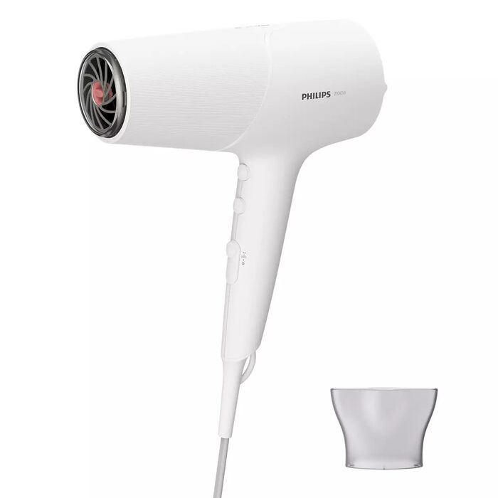 Фен для волосся Philips 5000 Series BHD500/00 з технологією ThermoShield, іонізацією, 2100 Вт, білий, з вузьким соплом та дифузором для об'єму