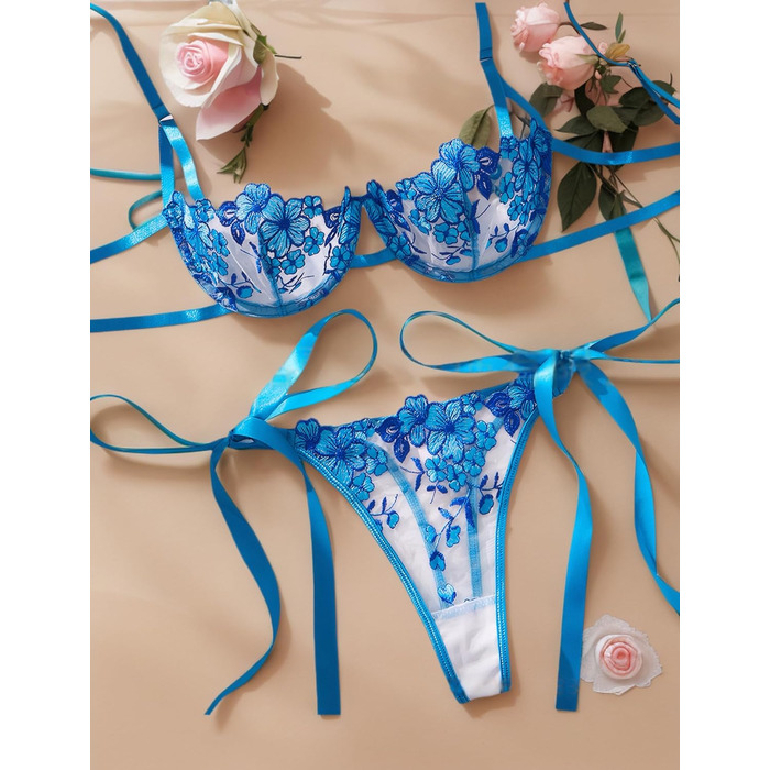 AEAU Комплект спідньої білизни: мереживний бюстгальтер та танга, прозорий, push-up, мереживний, квітковий, S-XL (блакитний, M)
