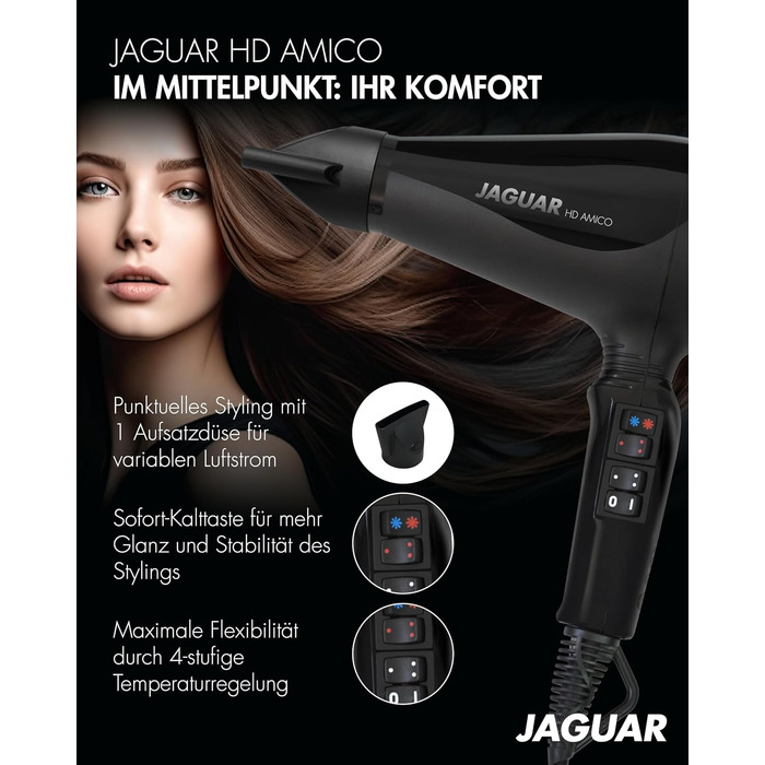 Професійний фен для волосся JAGUAR HD AMICO, 3 температурні та 2 швидкісні режими, кнопка холодного обдуву, кабель 2.8м, Made in Italy