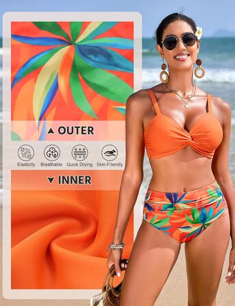 БІКІНІ ЖІНОЧИЙ СЕКСИ: комплект з високою талією, push-up, з V-подібним вирізом, двокомпонентний, для плавання та відпочинку (Оранжевий принт, розмір S)