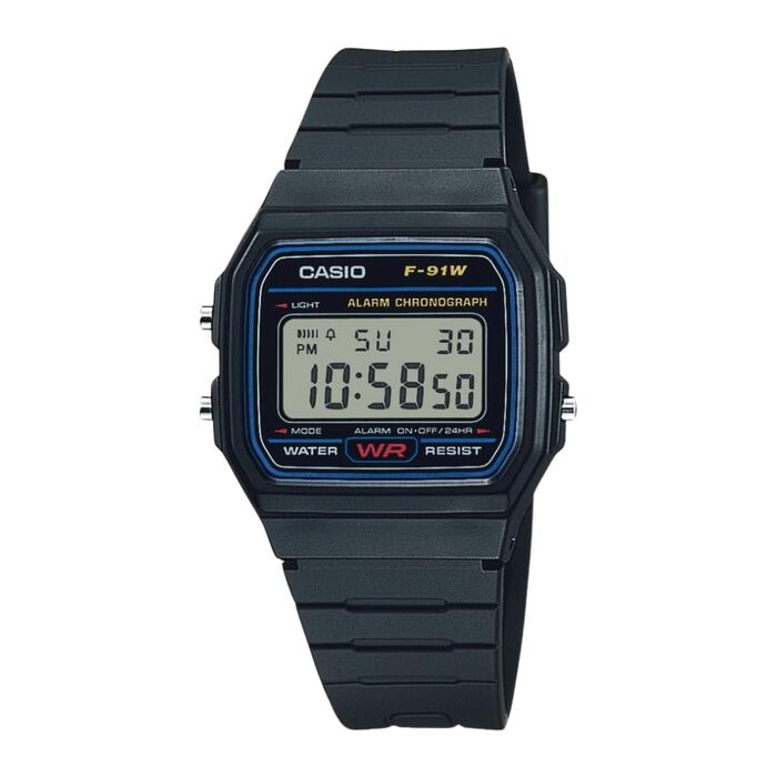 Чоловічий класичний кварцовий годинник Casio F-91W чорний, водостійкий, зі стопоміром, будильником та автоматичним календарем