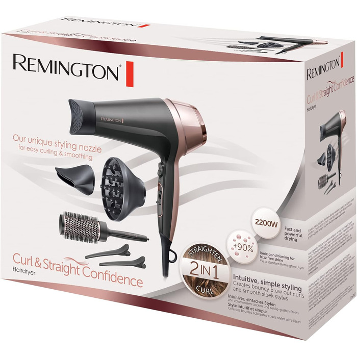Фен для волосся Remington Curl & Straight D5707 з іонізацією, 2200 Вт, набір для стайлінгу (дифузор, конічна насадка, кругла щітка 45 мм)