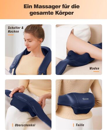 Бездротовий масажер для шиї та плечей KNQZE Shiatsu 4D з функцією підігріву, синій
