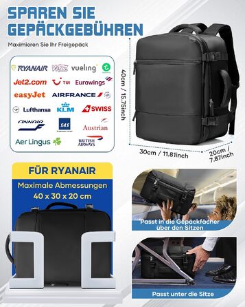 Рюкзак для ручної поклажі suradar 40x30x20 см для Ryanair та WizzAir, дорожня сумка 24Л з відділенням для ноутбука 15.4