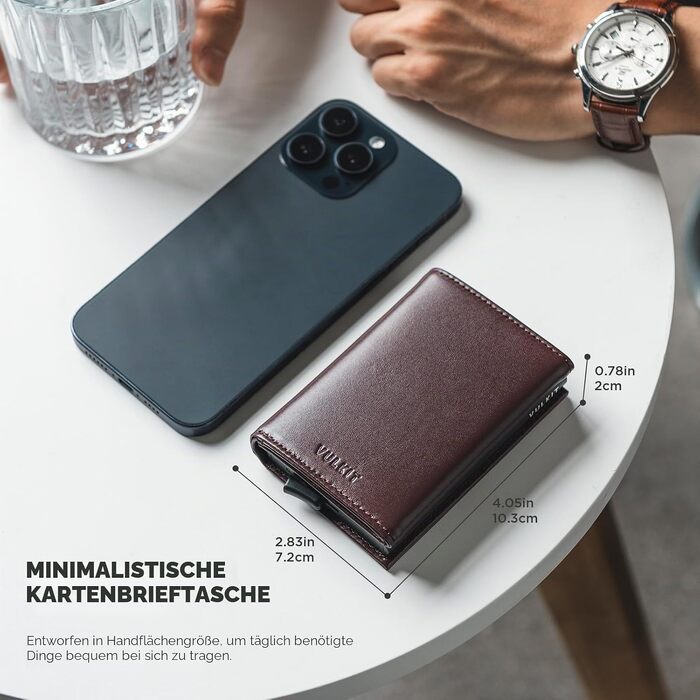 Шкіряний чоловічий картхолдер VULKIT з Pop-up механізмом, RFID-захистом, відділенням для купюр та вікном для ID-картки, колір Espresso