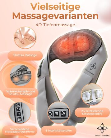 Електричний масажер для шиї та спини Shiatsu з функцією підігріву, ергономічний пристрій для зняття м'язової напруги та болю, сірий