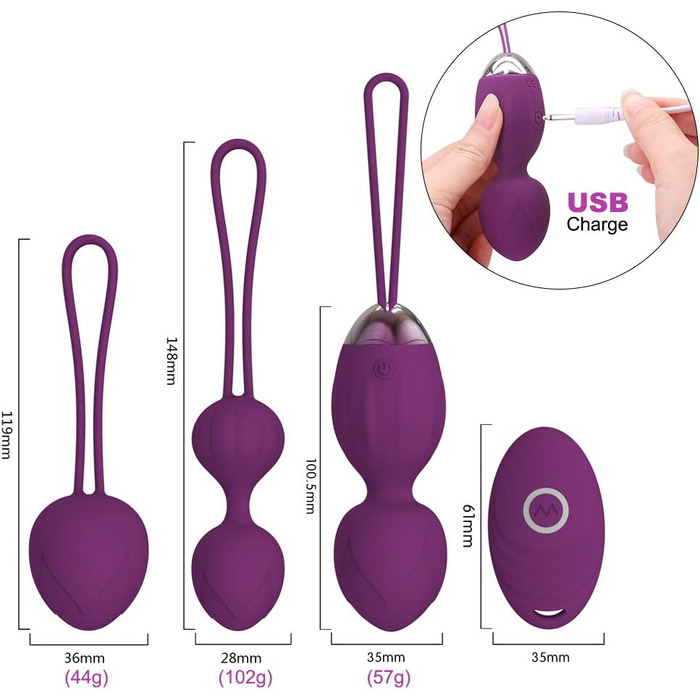 YEVIOR Набір 3 інтимні м'ячики для тренування таза, вібратор-кулька з пультом керування для стимуляції G-точки та клітора, 10 програм вібрації, водонепроникний та перезаряджуваний, фіолетовий