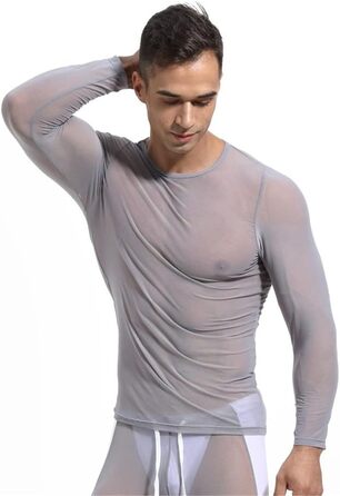 Чоловіча сітчаста футболка з прозорим дизайном, довгі рукави, сіра