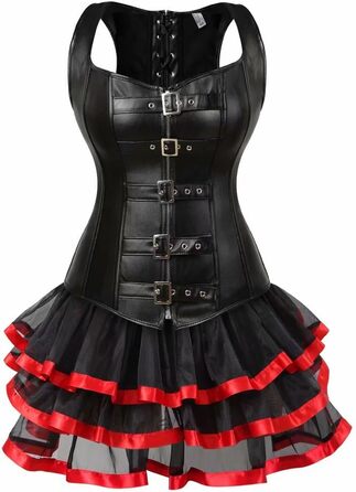 Стеampunk Корсетне плаття з Тюлем для жінок, елегантний бурлескний комплект (XXS, Чорно-червоний)