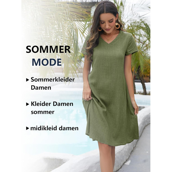 Сукня Tincini Soerkleid льон, повсякденна, V-подібний виріз, трапеція, пляжна, темно-зелена, розмір XXL