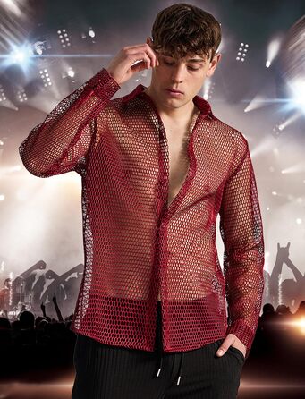 Чоловіча сітчаста сорочка AIEOE: прозора сорочка-сітка для вечірки, червона (XXL)