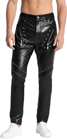 Чоловічі штани-легінси з еластичної шкірозамінної тканини Wetlook, Slim fit, для мотоциклів, вечірок, клубів (M, Чорний)