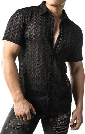 Чоловіча сорочка JOGAL з мереживом, чорна, літня, коротка, вільний крій
