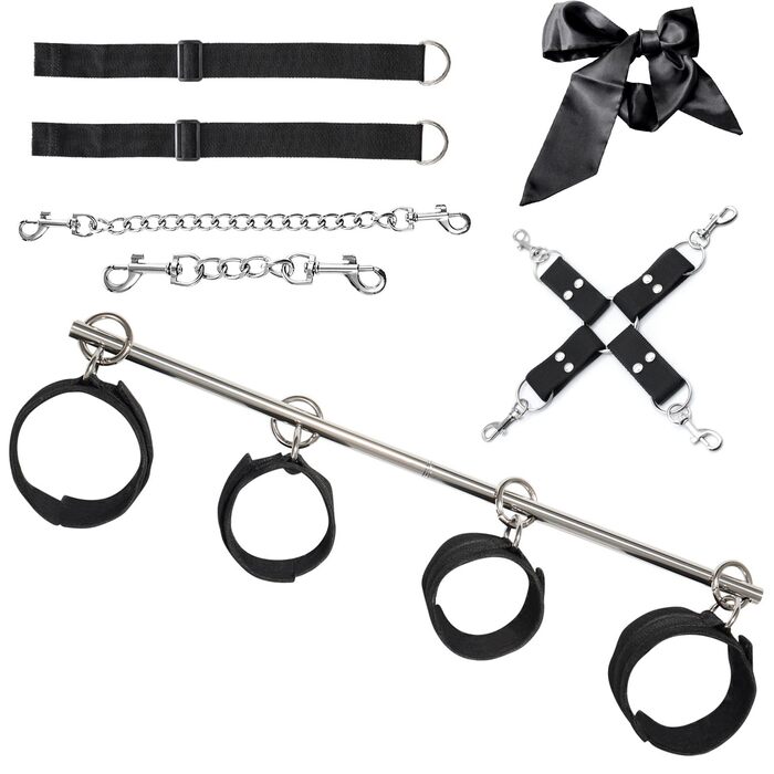 Набір для БДСМ з 26 предметів: наручники, анальні пробки, кільця для пеніса, чікер, кліпси для сосків, маска для очей, плеть, пристрій для розведення ніг та інше. Ідеальний набір для бондейжу та сексуальних ігор