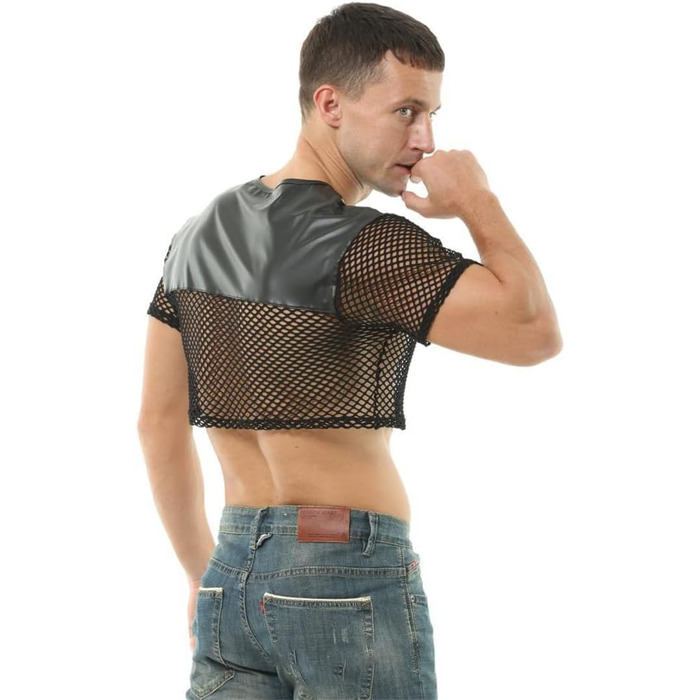 Чоловіча футболка з сітки та штучної шкіри - прозора, стильна