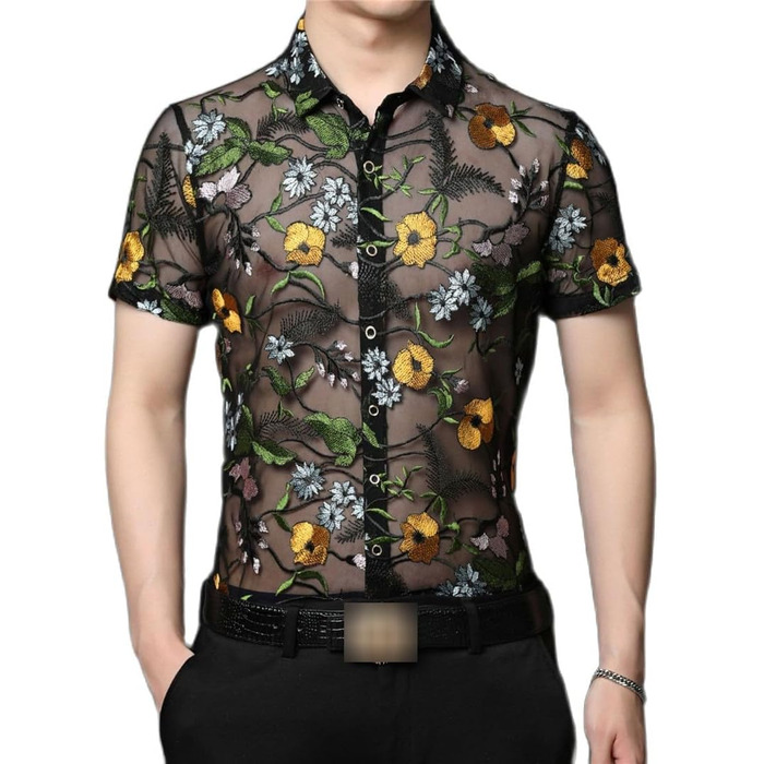Чоловіча сорочка Yeuyyben з квітковою вишивкою, прозора, літня, з короткими рукавами, для вечірок, клубів, випускних, чорна