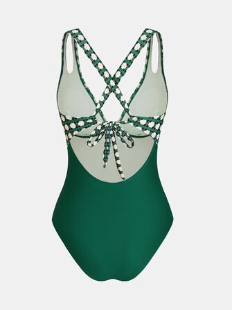 Купальник CUPSHE з V-подібним вирізом, бавовна, корегуючий, глибокий виріз на спині, монокіні, Oivgrün/Tropisch (XL, Smaragdgrün/Geo)