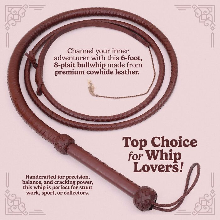 Справжня шкіряна батогом з бичачої шкіри, 8 футів, 8 плетінь, стиль Індіани Джонса, темно-коричневий