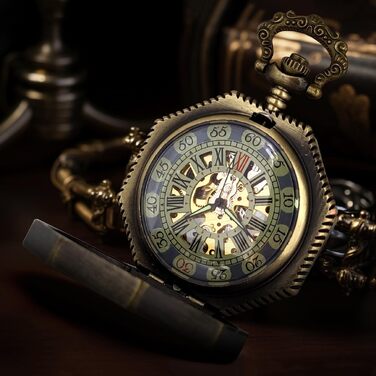 Чоловічий кишеньковий механічний годинник BOSHIYA Vintage Steampunk: скелетон, підсвічування, ручний завод, бронзовий колір (гексагональний корпус)