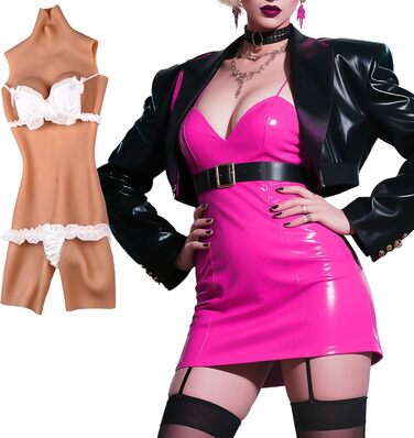 Боді з силікону YEEFAIRY для кросдресерів, повна сукня з високим коміром, довжина до колін, з реалістичною формою грудей та інтегрованою порожнистою структурою для партнерів, (A Cup - S, Gel, Коричневий)