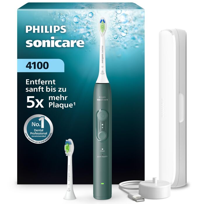 Електрична сонічна зубна щітка Philips Sonicare Series 4100 з датчиком тиску, 4 режимами чищення та дорожнім чохлом, темно-зелена, HX4044/52