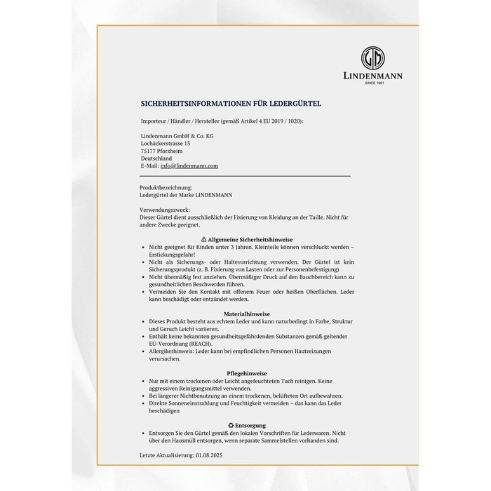Шкіряний ремінь чоловічий LINDENMANN, натуральна шкіра, коньячний, ширина 33 мм, довжина 120 см (розмір XL)