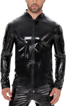 Чоловіча куртка з латексу/штучної шкіри Ausing: сексуальний мокрий ефект, slim fit, з блискавкою, для вечірок, танців, рейв, чорний, XL