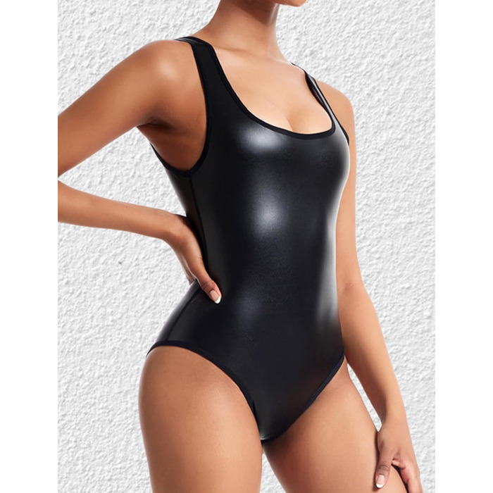 Боді з короткими рукавами FEOYA з PU шкіри, облягаючий, для клубів, вечірок, йоги та повсякденного носіння (M)