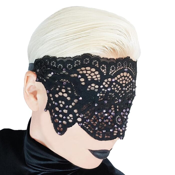 Чорна мереживна маска для жінок з чорними стразами, елегантна маска на пів обличчя, маска для маскарату та карнавалу, мереживна вечірня маска з гумкою (Чорний (фіолетові стрази))