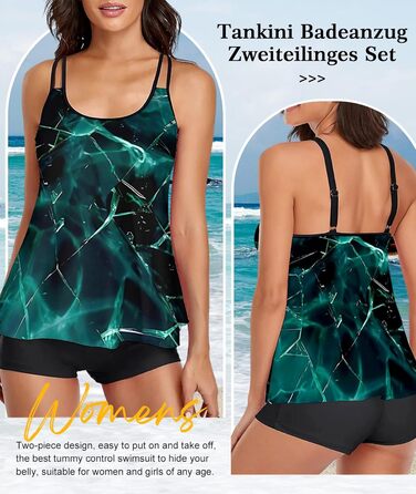 Tankini жіночий купальник з шортами, комплект двочастинний, літній, великий розмір (XL, чорно-зелений)