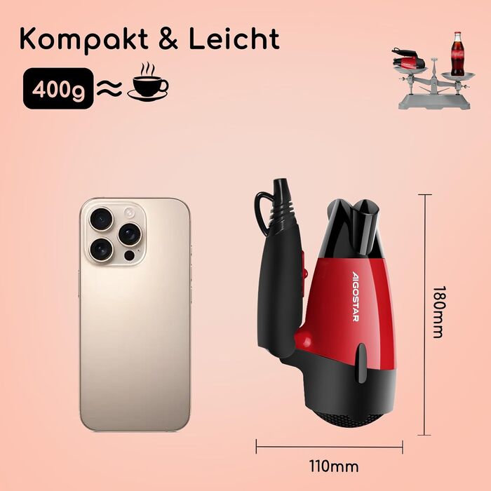 Складаний дорожній фен Aigostar 1500W з подвійною напругою (110-220V), компактний фен для подорожей, легкий (400г), кабель 1.75 м