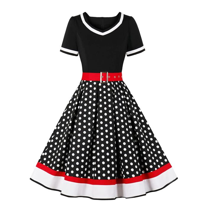 Сукня в стилі рокабіллі Odizli для жінок 50-х років. Короткий рукав, V-подібний виріз, принт у горошок, сукня-свінг для вечірки, весілля, чорна, розмір M