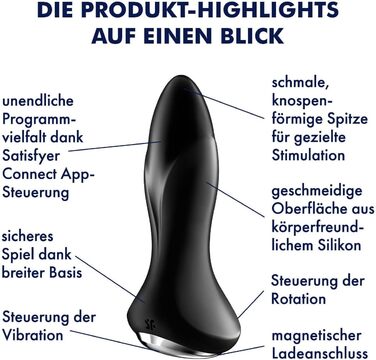 Satisfyer Rotator Plug 1 Connect: вібратор-анальний для чоловіків та жінок | Bluetooth, IPX7, 13.5 см | Чорний