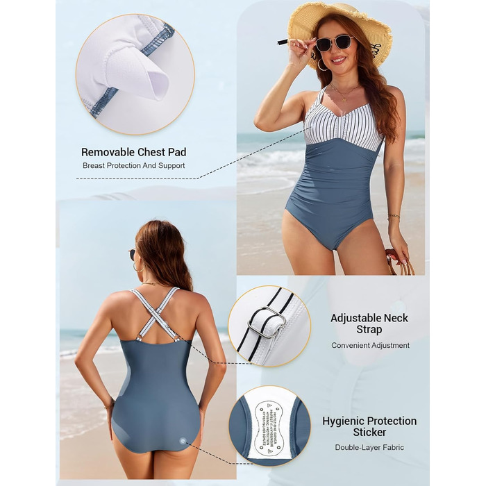 Світшот Nadeer для жінок, великі розміри, моделюючий купальник з високою талією, Push Up, V-подібний виріз, спортивний одноцільний купальник (блакитні смужки, L)