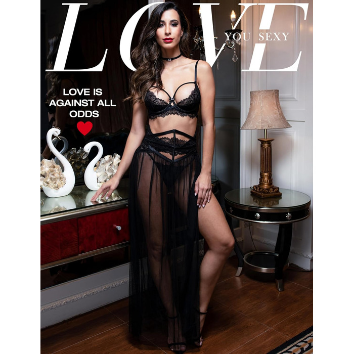 Сексуальний жіночий комплект спідньої білизни з мережива: бюстгальтер, пояс, прозора мереживна сукня, нічна сорочка з G-String, 4-частинний комплект, чорний, 75B