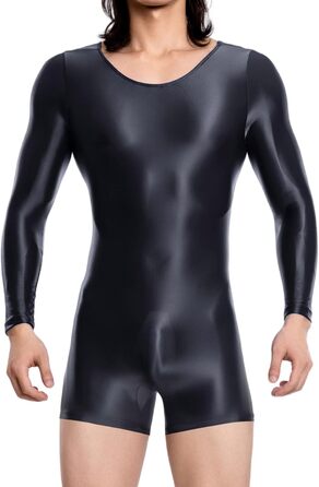Чоловічий боді з прозорої тканини з довгими рукавами, бікіні-сліп, еластичний боді, глянцевий, шовковистий, комбінезон, чорний, XL